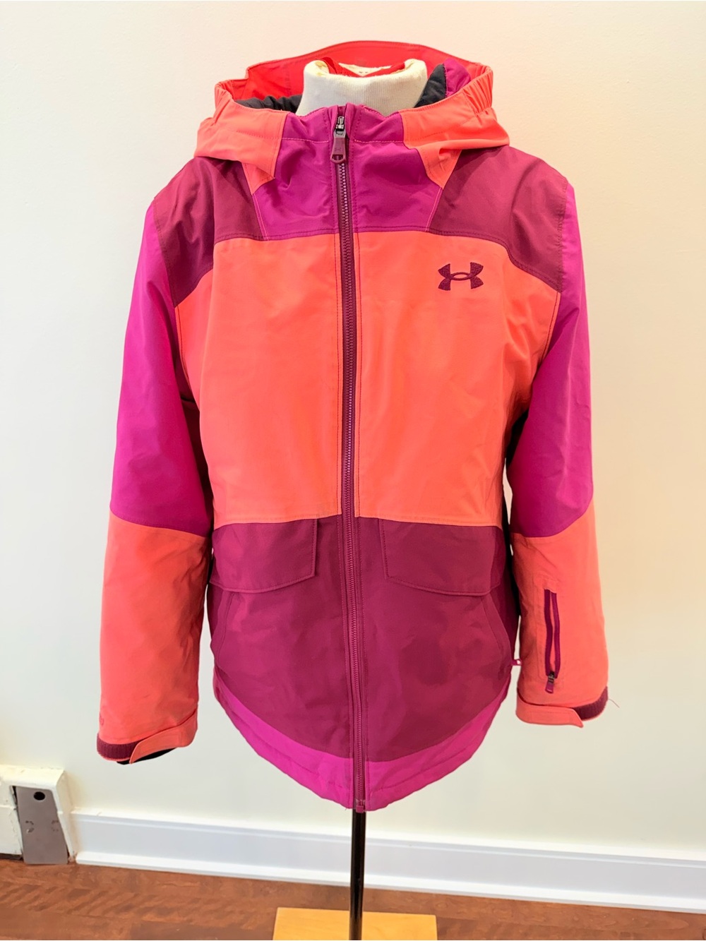 Under Armour Girls' Colorblock Hooded Puffer Jacket in Pink and Coral